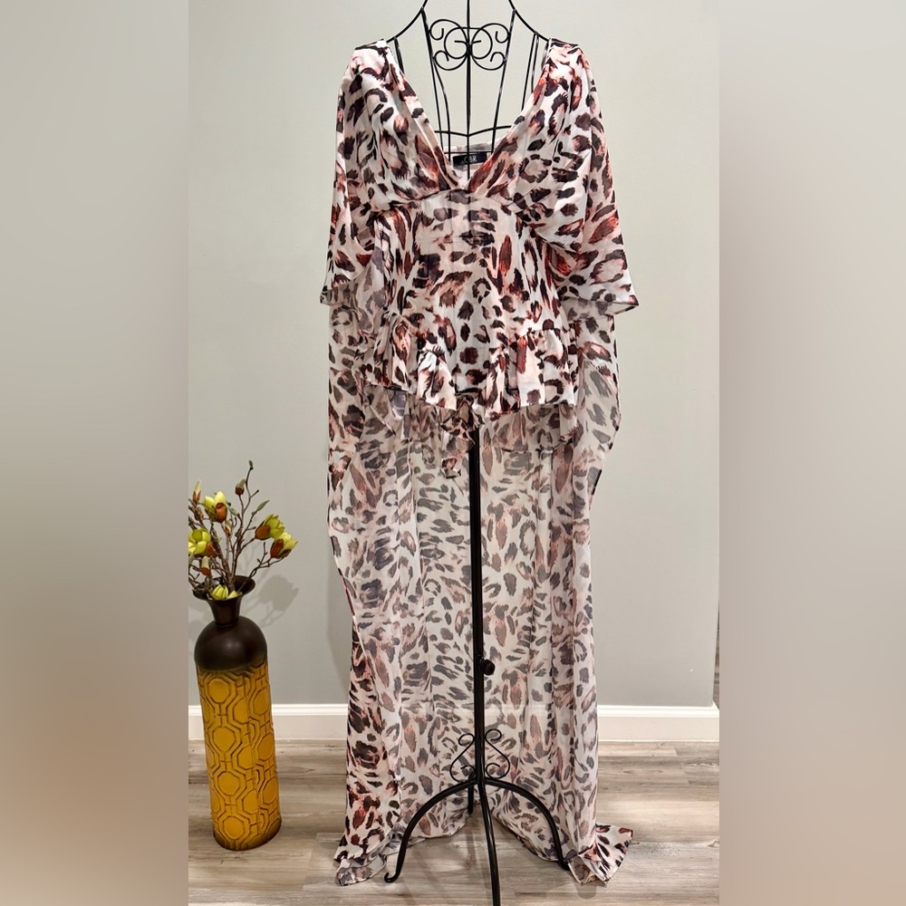 Leopard Print Romper Cover Up - Elegant FloorLength Cape - size S